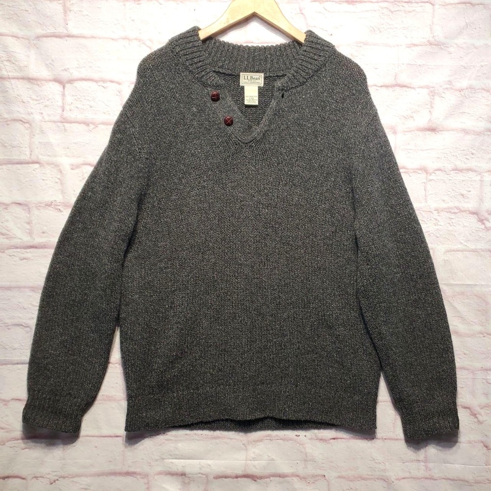 L.L. Bean Gray Lambswool Henley‎ Sweater Heavy Thick Knit Mens Large Heritage